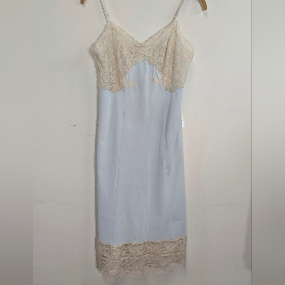 Vintage Lace Trim Light Blue Slip Dress Extraordinary Lace 34 S Ivory Stretch - Picture 14 of 15